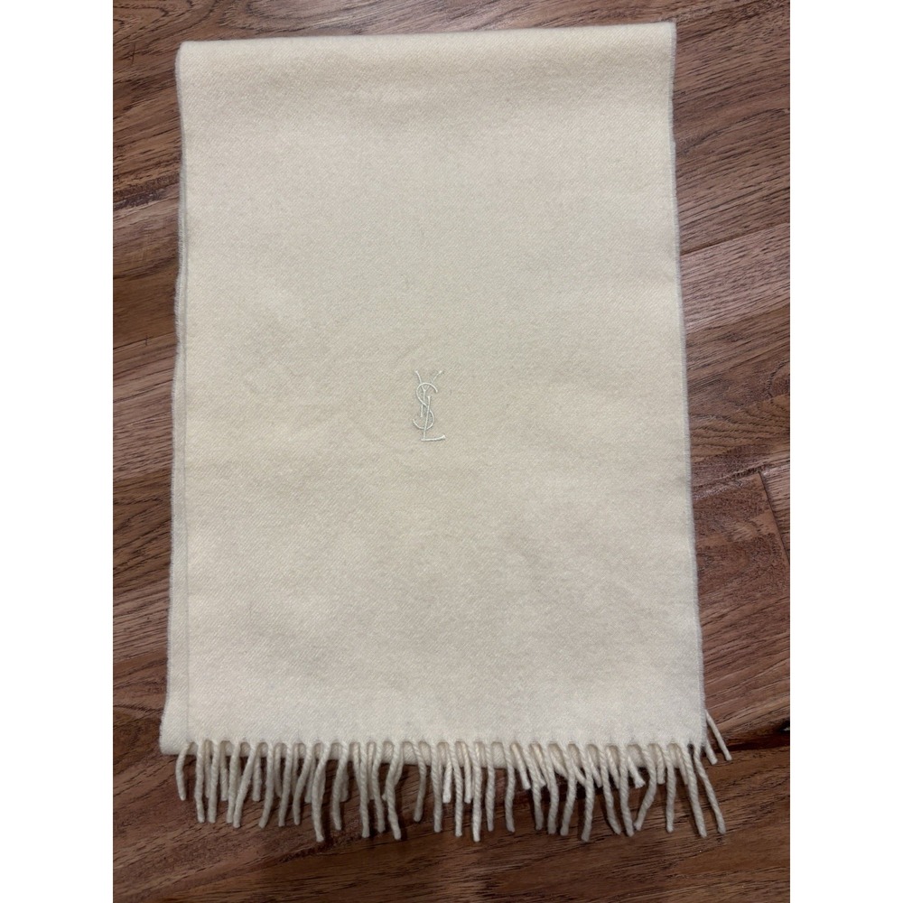 Yves Saint Laurent Ivory Wool Woven YSL Logo Fringe Rectangle Scarf 70x11
